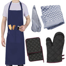 LEFUNDA® 4 in 1 Küchenset mit Kochschürze Ofenhandschuhe Topflappen Geschirrtücher Verstellbare Grillschürze mit 3 Taschen für Küche Kochen Restaurant café