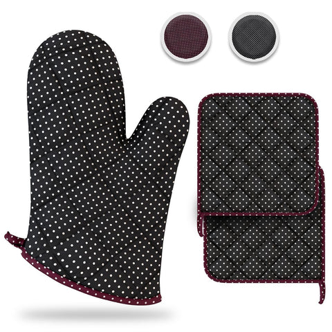 LEFUNDA® Ofenhandschuhe Topflappen 4er Set, Hitzebeständige Topfhandschuhe Baumwolle, Grillhandschuhe, Ofen Handschuhe -Schwarz (2 Ofenhandschuhe + 2 Topflappen), 4er Set