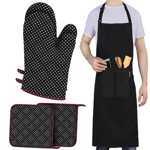 LEFUNDA® Ofenhandschuhe Topflappen 4er Set, Hitzebeständige Topfhandschuhe Baumwolle, Grillhandschuhe, Ofen Handschuhe (Schwarz (2 Ofenhandschuhe + 2 Topflappen + 1 Schürze), 5er Set - Große)