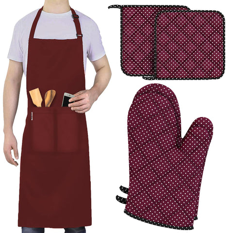 LEFUNDA® 3 in 1 Küchenset mit Kochschürze Ofenhandschuhe Topflappen Verstellbare Grillschürze mit 3 Taschen für Küche Kochen Restaurant café