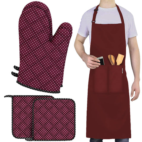 LEFUNDA® Ofenhandschuhe Topflappen 4er Set, Hitzebeständige Topfhandschuhe Baumwolle, Grillhandschuhe, Ofen Handschuhe (Rot (2 Ofenhandschuhe + 2 Topflappen + 1 Schürze), 5er Set - Große)