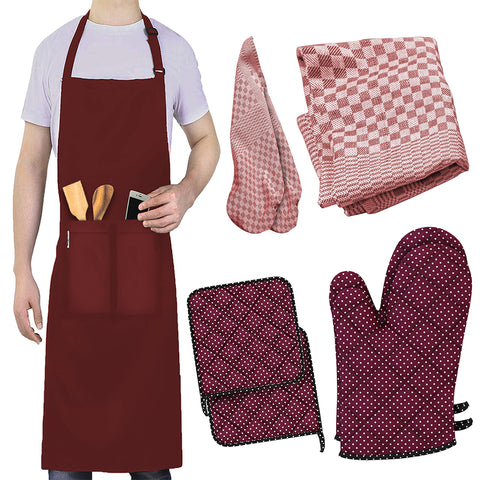 LEFUNDA® 4 in 1 Küchenset mit Kochschürze Ofenhandschuhe Topflappen Geschirrtücher Verstellbare Grillschürze mit 3 Taschen für Küche Kochen Restaurant café