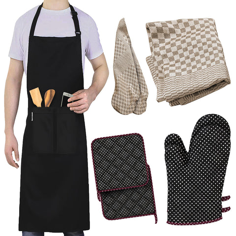 LEFUNDA® 4 in 1 Küchenset mit Kochschürze Ofenhandschuhe Topflappen Geschirrtücher Verstellbare Grillschürze mit 3 Taschen für Küche Kochen Restaurant café