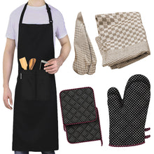 LEFUNDA® 4 in 1 Küchenset mit Kochschürze Ofenhandschuhe Topflappen Geschirrtücher Verstellbare Grillschürze mit 3 Taschen für Küche Kochen Restaurant café