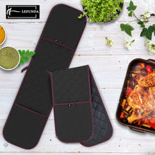 LEFUNDA® Double Oven Gloves Pot Holders, Heat Resistant Cotton Oven Gloves, Oven Gloves for Baking, Cooking, Grilling Cooking Gloves, Baking Gloves (Black (1 x Double Gloves), 1 Long)