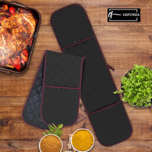 LEFUNDA® Double Oven Gloves Pot Holders, Heat Resistant Cotton Oven Gloves, Oven Gloves for Baking, Cooking, Grilling Cooking Gloves, Baking Gloves (Black (1 x Double Gloves), 1 Long)