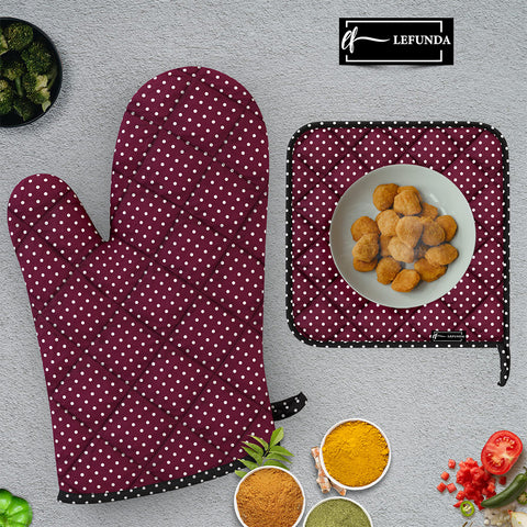 LEFUNDA® Ofenhandschuhe Topflappen 4er Set, Hitzebeständige Topfhandschuhe Baumwolle, Grillhandschuhe, Ofen Handschuhe (WeinRot (2 Ofenhandschuhe + 2 Topflappen), 4er Set)