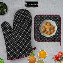 LEFUNDA® Ofenhandschuhe Topflappen 4er Set, Hitzebeständige Topfhandschuhe Baumwolle, Grillhandschuhe, Ofen Handschuhe -Schwarz (2 Ofenhandschuhe + 2 Topflappen), 4er Set