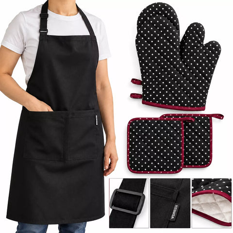 Ofenhandschuhe, Topflappen und Schürze 5er Set