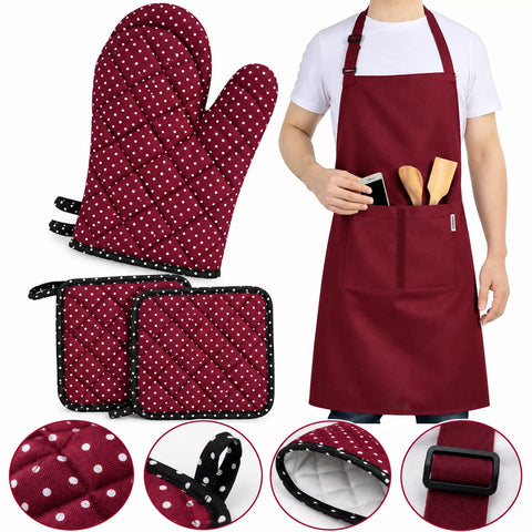 Ofenhandschuhe Topflappen Schürze 5er Set in Kastanienbraun