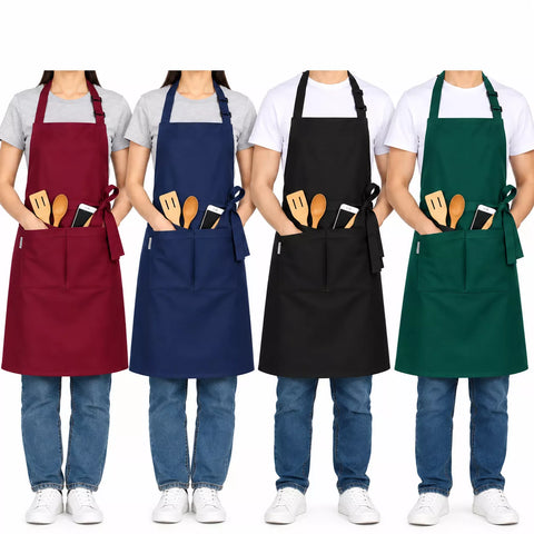 LEFUNDA® 4 Stück Kochschürze Wasserdicht Schürze mit 3 Taschen Verstellbare Grillschürze mit langen Bändern Küchenschürze für Männer Damen Küche BBQ Restaurant Café