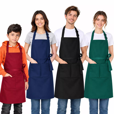 LEFUNDA® 4 Stück Kochschürze Wasserdicht Schürze mit 3 Taschen Verstellbare Grillschürze mit langen Bändern Küchenschürze für Männer Damen Küche BBQ Restaurant Café