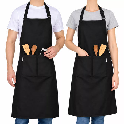 LEFUNDA® 2 Stück Kochschürze Wasserdicht Schürze mit 3 Taschen Verstellbare Grillschürze mit langen Bändern Küchenschürze für Männer Damen Küche Restaurant Café (2 x Schürze - Schwarz - Große)