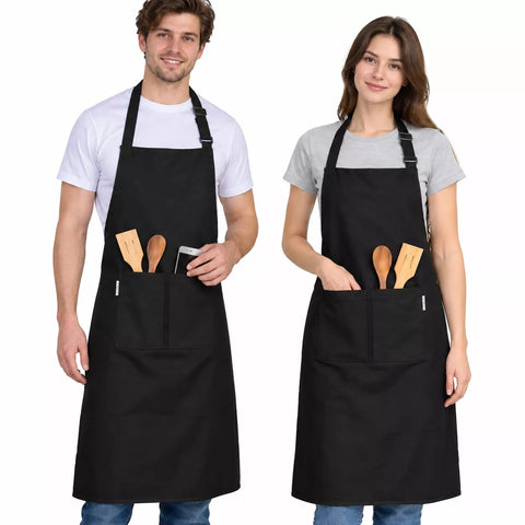 LEFUNDA® 2 Stück Kochschürze Wasserdicht Schürze mit 3 Taschen Verstellbare Grillschürze mit langen Bändern Küchenschürze für Männer Damen Küche Restaurant Café (2 x Schürze - Schwarz - Große)